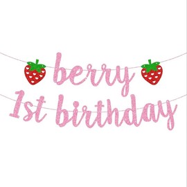 Berry First Birthday Banner, Glitter Pink Berry 1st Birthday Decorations Banner Garland Women Girls Strawberry Theme Birthday Party Decorations Supplies