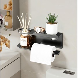 Toilet Paper Holder Wall Mount - Strong Adhesive or Screw Mount Bathroom Toilet Paper Holder with Shelf- SUS304 Stainless Steel Tissue Roll Storage - Holds Phone, Reed Diffuser(1PCS, Grey)