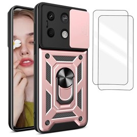 TUNKARMOR Funda para Redmi Note 13 5G Case | Protector de Pantalla Incluido, con Ventana Deslizante de protección de la cámara y Soporte para el teléfono móvil - Rosa