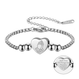 EUEAVAN Christian Bible Verse Bracelet Bead Heart Charm Praying Hand Bangle Matthew 19:26 With God All Things Are Possible Adjustable Bracelet Christian Christening Gift Women Men, Adjustable