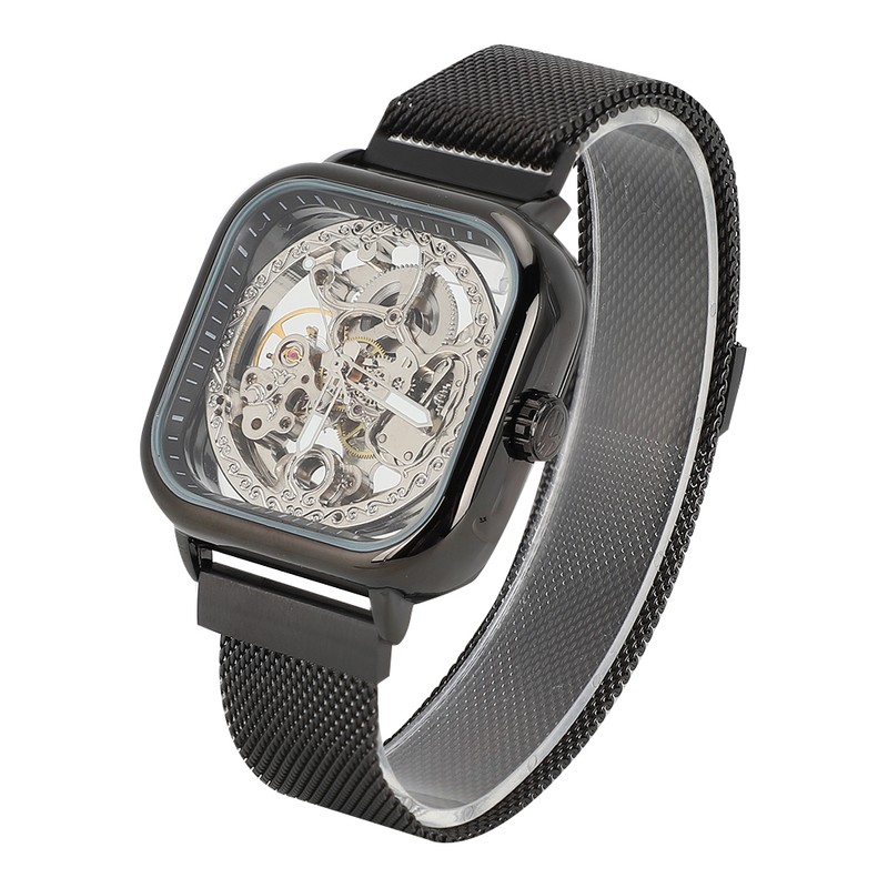 FORSINING Stainless Steel Strap Waterproof Hollow Automatic Mechanical Men WatchBlack