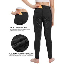FitsT4 Sports Girls Horse Riding Pants Full Seat Silicone Kids Equestrian Breeches Horseback Pockets Youth Schooling Tights Black Small