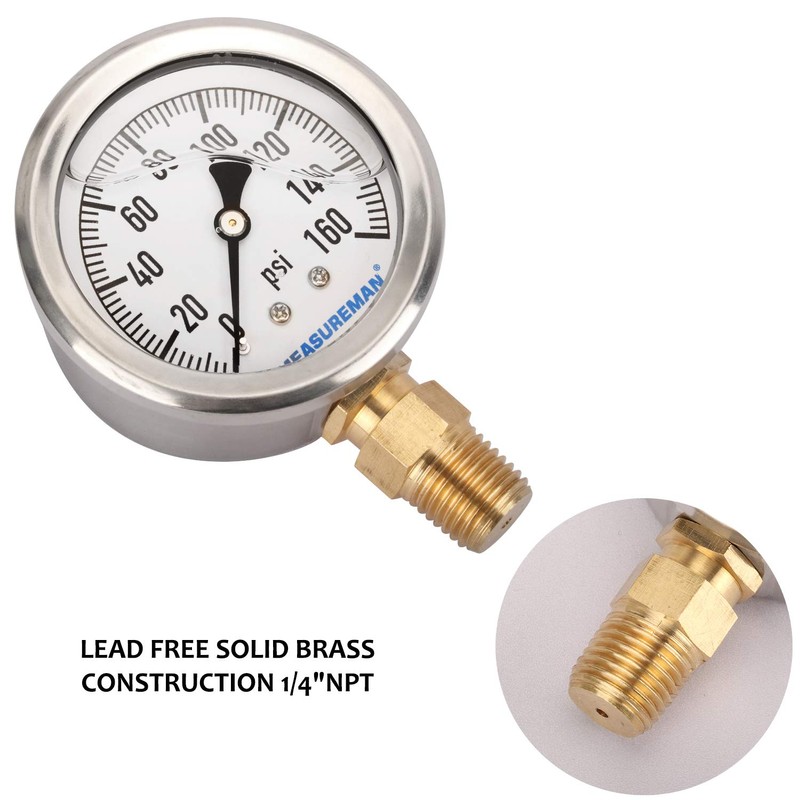 MEASUREMAN RV Water Pressure Regulator Replacement Gauge, 0-160psi, Lead-Free, Glycerin