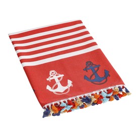 Baroni Home Telo Mare con nappe colourate, Pareo, Telo da Yoga, Asciugamano da Spiaggia Hammam, Super Assorbente e Asciugatura Rapida, Ecologico, 90 x 170 cm (Ancore Rosse)