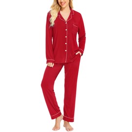 SWOMOG Women Pyjamas Sets Soft Long Sleeve Button Down Sleepwear Warm Pjs Set Loungewear Red