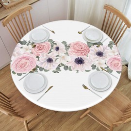 AIMASTZ Elastic Edged Round Fitted Pink Roses Floral Green Leaves Table Cloth Cover for Indoor Outdoor Kitchen Party, Waterproof Wipeable Tablecloth for 40"- 44" Tables,Small