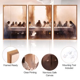Aurlan Jesus Last Supper Bible Story Wall Art(16"x24"), 3PCS Boho Christ Christian Easter Gifts Canvas Artwork, Neutral Spiritual Religious Faith Decor Prints for Office Home