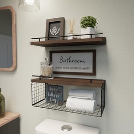 WOPITUES Floating Shelves for Wall Decor Sign, Bathroom Organizers and Storage, Bathroom Shelves Over Toilet with Metal Guardrail-Rustic Brown