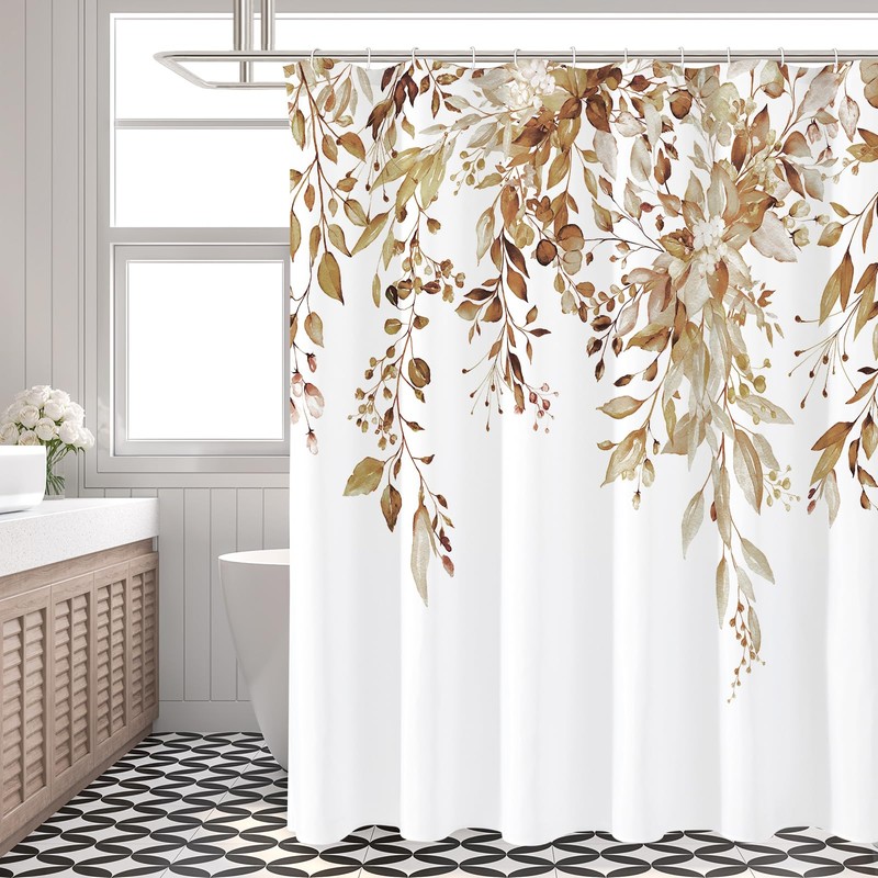 Gibelle Brown Eucalyptus Shower Curtain, Watercolor Plant Leaves with Floral