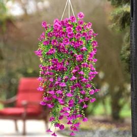 LUZOGA 4 Pack Artificial Hanging Eucalyptus Petunia Flowers - Lifelike Decor for Indoor & Outdoor Flowers UV Resistant Porch Patio Window Yard Decor Rose Red(Basket Not Included)