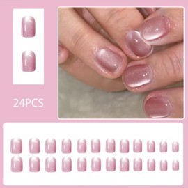 Short Pink Press on Nails Glossy Glitter Fake Nails Square Acrylic Nails Full Cover Glue on Nails Extra Short False Nails Reusable Stick on Artificial Nails for Women and Girls 24Pcs