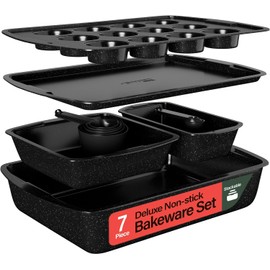 Emporio Kitchen Stackable Baking Pan Set - Deluxe Nonstick Gray Marble Coating, Carbon Steel Bakeware Sets, PFOA, PFOS, PTFE Free, Recipe Booklet Included, Oven Safe (Up to 450°F), Set of 7