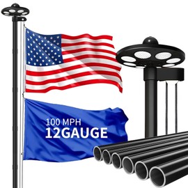 MXQMKL 25FT Heavy Duty Flagpoles Kit with 136 LED Solar Light,12 Gauge Extra Thick Flag Pole for Outside House in Ground for Outdoor with 3x5 American Flag for Outside Ip67 Waterproof,Black
