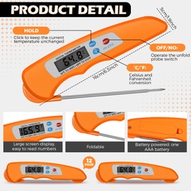Xuhal 12 Pcs Digital Meat Thermometer with Probe Waterproof Instant Read Foldable Food Thermometer with Magnet for Kitchen Grilling Cooking Turkey Baking BBQ (Orange)