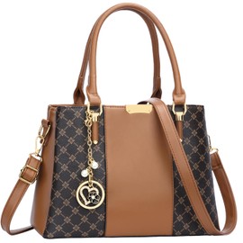 KKXIU 3 Zippered Compartments Purses and Handbags for Women Top Handle Satchel Shoulder Ladies Bags (C-brown flower pattern)