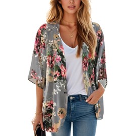 Women's Floral Print Kimono Cardigan Puff Sleeve Loose Cover Up Casual Blouse Tops,(Series 01-Dark Grey,XL)