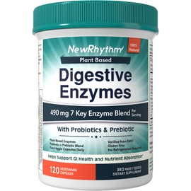 NewRhythm Digestive Enzymes 490 mg, with Probiotics & Prebiotic, Plant Based, 7 Key Enzymes, Digestion, Nutrient Absorption, Protease Amylase & Lipase, 120 Vegan Capsules