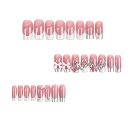 French Tip Press on Nails Medium Fake Nails with Charms Pink Bow Acrylic Nails Cute Design Square Glue on Nails 3D Flower Butterfly Heart Stick on Nails Medium Length Artificial Nails for Women