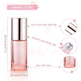 Njvial 1/6 oz Cute Rose Pink Glass Roller Bottles for Essential Oils, 10Pack 5mL Refillable Roll On Bottles with Stainless Steel Roller Balls, Opener, Funnels, Pipettes for Perfume Aromatherapy Travel