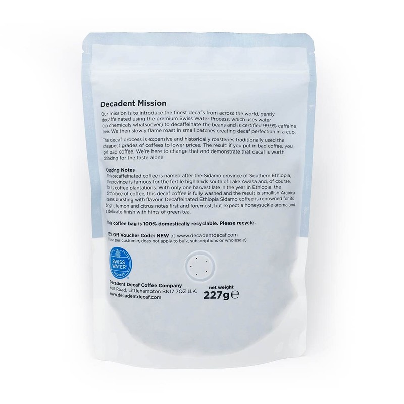 Decaffeinated Ethiopian Sidamo Coffee Beans 227g - Swiss Water Decaf