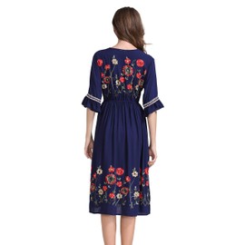 Shineflow Women's Short Sleeve Mexican Embroidered Floral Pleated Midi A-line Cocktail Dress(Blue,M)