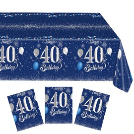 Xiliconie 3PCS Blue and Silver 40th Birthday Decorations Tablecloth 40 Years Old Birthday Party Decorations Cheers to 40 Years Plastic Disposable Rectangular Table Cloth Decor for Men Women