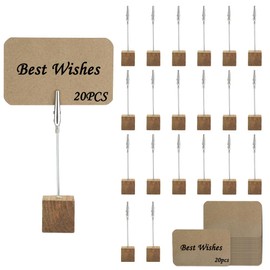 20PCS Table Number Holders Set, Wooden Place Card Holders with Metal Alligator Clips, Picture Holders with Clips, Blank Kraft Business Cards for Office, School, Greeting, Memo（20 Holders + 20 Cards）