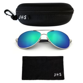 J+S Premium Military Style Classic Aviator Sunglasses, Polarized, 100% UV protection for Men Women (Medium Frame - Silver Frame/Green Mirror Lens)