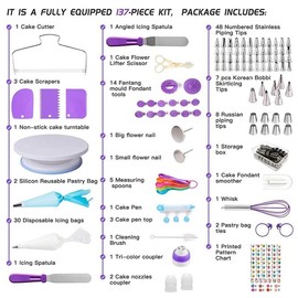 Suministros de decoración de pasteles de 137 piezas con tocadiscos para tartas, repostería Base giratoria para Pastel Decoración de Pasteles 24 Boquillas Torta giratoria,Kit De Suministros