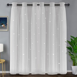 Kinryb White Star Cut-Out Window Curtains Double Layer Thermal Insulated Light Blocking Blackout Curtains White Sheer with Blackout Curtains for Nursery Greyish White 42W x 72L 2 Panels