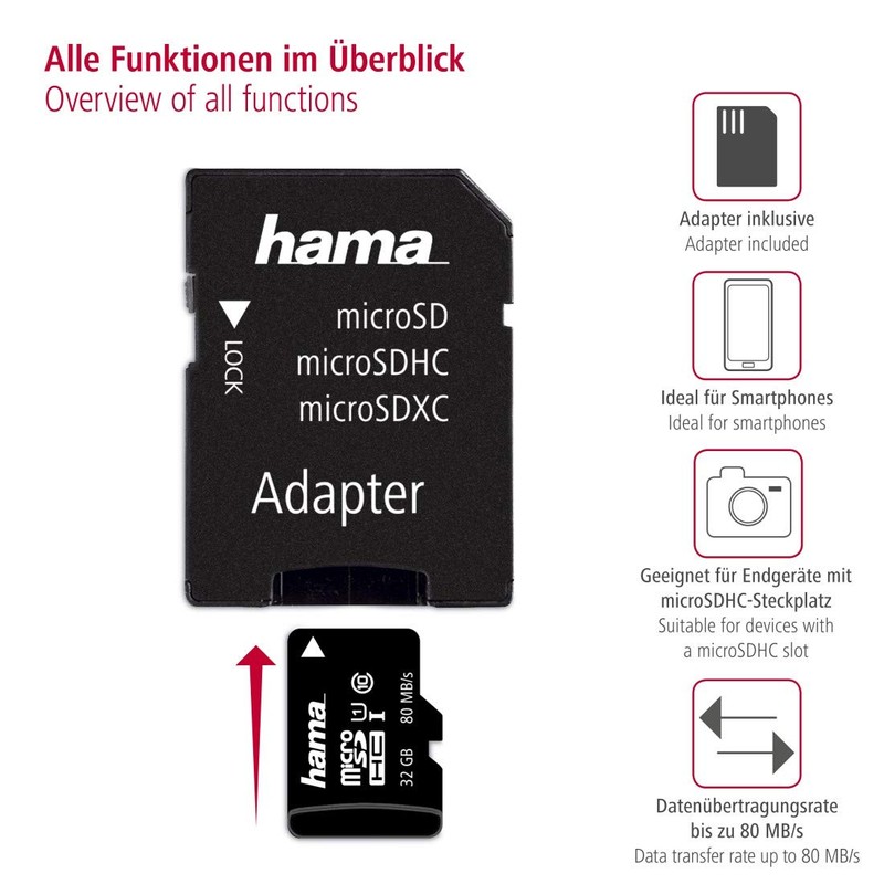 microSDHC 32GB Class 10 UHS-I 80MB/s + Adapter/Mobile