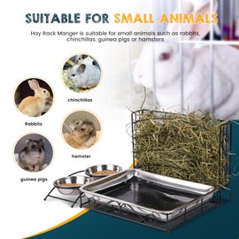 KHEARPSL 3 in 1 Rabbit Hay Feeder with Litter Box, Metal Bunny Hay Feeder with Toilet and Bowls, Small Animal Hay Rack Holder for Guinea Pig Hamster Rabbit Bunny
