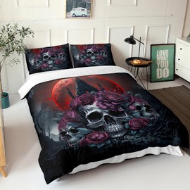 AILONEN Sugar Skull Bedding Sets for Teen Boys, Romantic Red Rose Skull Printed Duvet Cover Set,Skeleton Theme Bedding Set,Comforter Cover Queen Size,1 Quilt Cover 2 Pillowcases 3 Piece
