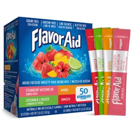 FlavorAid Aguas Frescas 50ct - Singles To Go Powdered Drink Mix - Pack of 2-4 Delicious Flavors - Strawberry Watermelon, Mango, Cucumber Limeaid, and Jamaica