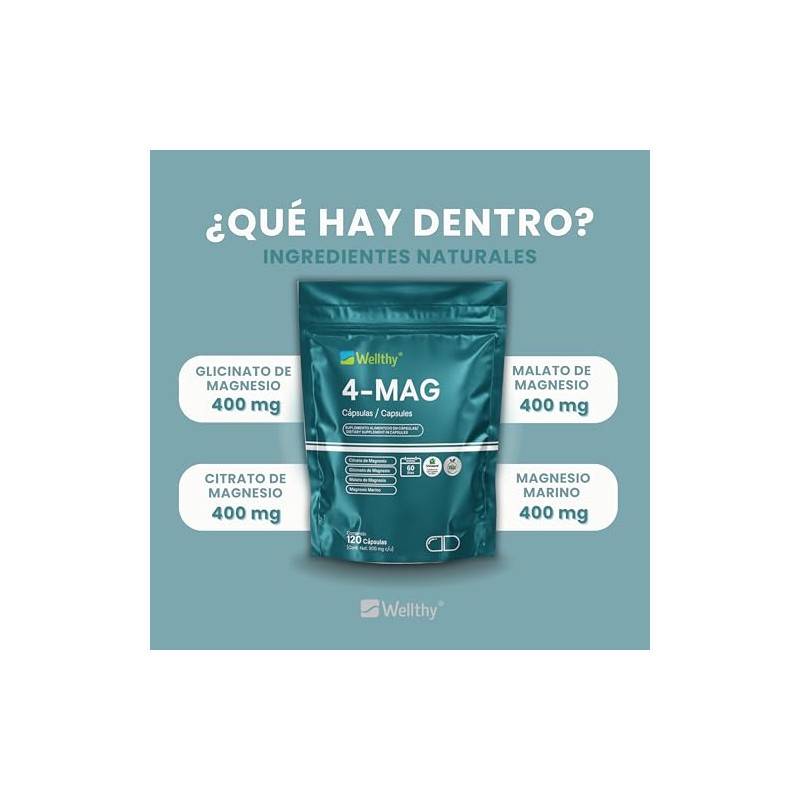 Wellthy 4-MAG Magnesio Complex 120 Cápsulas. Equivalente a 360mg de