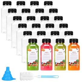 24 Pack 8oz Clear Plastic Juice Bottles with Caps, Empty Reusable Juice Bottles Bulk Square Beverage Containers for Juice Milk Water Smoothie Cold Drinks (Includes Labels, Brush & Funnel) (24)