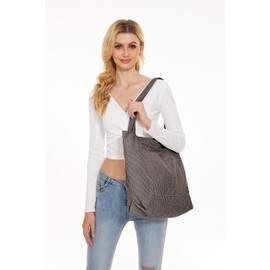 KALIDI Women's Tote Bag, Corduroy Shoulder Bag, Large Capacity, Shoulder Bag, Large, Lightweight, Long Handle, Mother's Bag, Unisex, Zipper Included, For Shopping, School, Work, With Pockets, gray