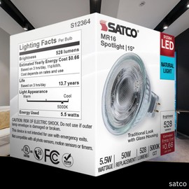 Satco LED MR16 Spotlight 5.5W 50W Equivalent 5000K Natural Light 90+ CRI 15° Beam GU5.3 Bi-Pin Base 12V Dimmable Clear Finish – Part S12364 (2 Pack)