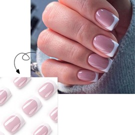 24pcs Short Pink French Tip False Nails, White Edge Press on Nails for Women, Stick on Nails with Glue and File, Women Girls DIY Nail Art for Daily or Party Use 12