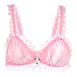 Satini Sissy Frilly Lace Fitted Satin Bralette (Baby Pink, XL)