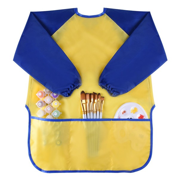 KUUQA Waterproof Apron for Games with 3 Spacious Pockets for Painting, Feeding Apron (Paints and Brushes Not Included) for Boys Age 2-4 Years, Yellow