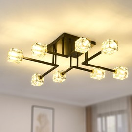 FOVICY Sputnik Crystal Ceiling Light, 8-Light G9 Base Semi Flush Mount Light Fixture, Black and Gold Modern Farmhouse Chandelier for Dining Room, Bedroom, Living Room, Kitchen, Entryway, Hallway