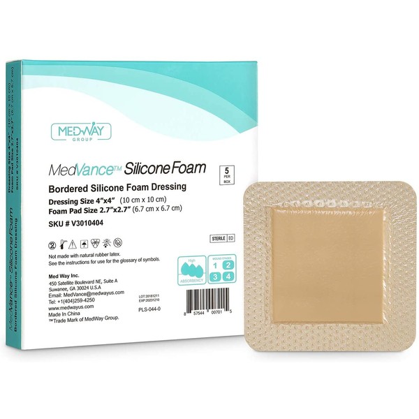 MedVance TM Silicone - Bordered Silicone Adhesive Foam Dressing Size 4"x4" (2.7"x2.7" pad), Box of 5 dressings