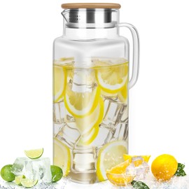 Ezvsevuo Glaskaraffe 1,8 Liter Wasserkaraffe mit Holzdeckel,Karaffe Glaskrug für Heißes Wasser,Kaltes Wasser,Eistee,Milch 1800ml Glas Krug Wasserkaraffe Glas mit V-förmiger Auslauf für Fruchtsaft