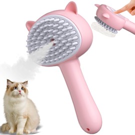 Cat Steam Brush, 4 in 1 Steamy Cat Brush with Handle, Rubber Pet Misting Brush with Release Button, Spary Dog Comb with Cleanser for Indoor Kittens Small Animals(Pink)