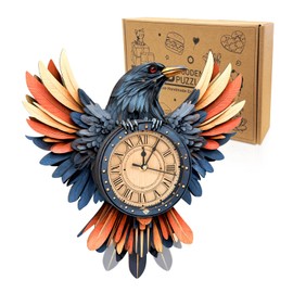 3D Wooden Puzzles for Adults, Cold Raven Clock with Functional Timepiece (355x59x360), DIY Hobbies 3D Jigsaw Puzzle Craft Kit, Wall Art Clock Model kits Home Decor Gifts for Friends