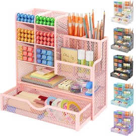 VITVITI Mesh Desk Organizer with Drawer Desk Tidy Desktop Stationary Organiser Desk Tidy Organiser Storage Multifunctional Metal Mesh Pen Pencil Holder Pen Pot Desk Home School Office Accessories