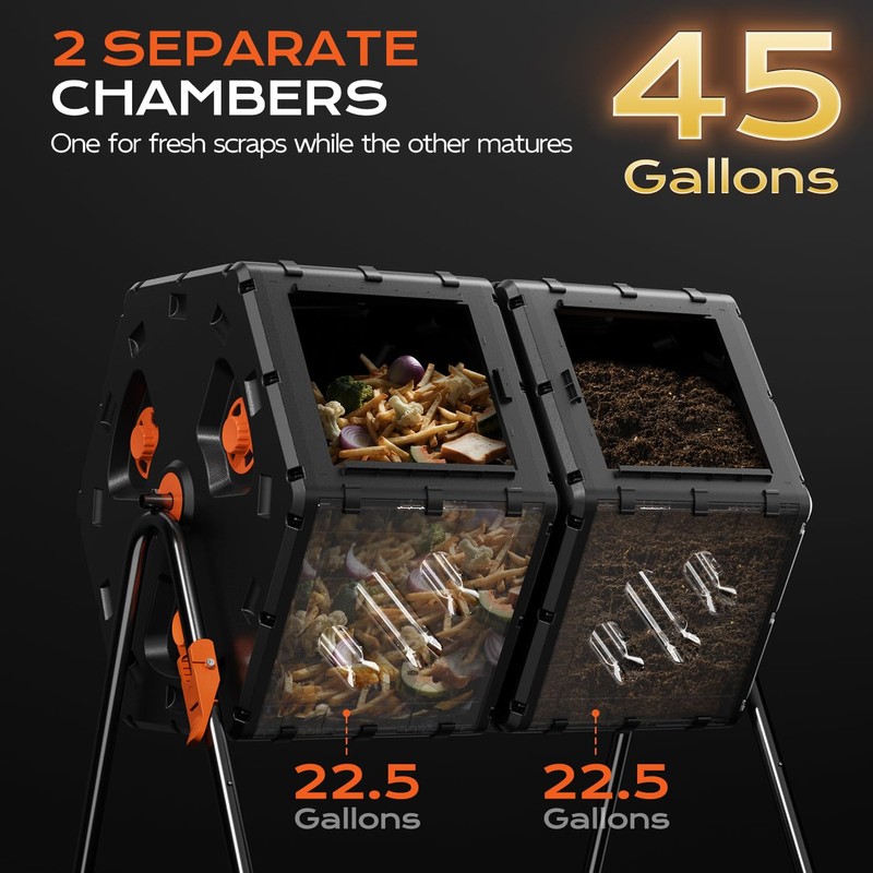 TOP XIAN Compost Tumbler Outdoor 45 Gallon/170L, Dual Chamber Large