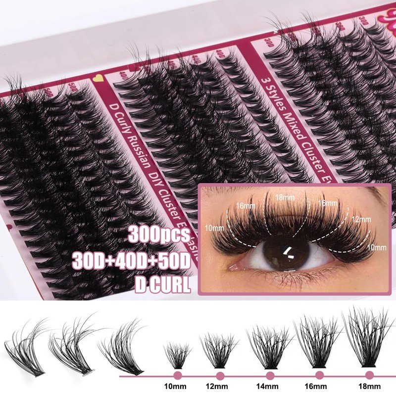Epzia Lash Clusters 30D+40D+50D - 300pcs Eyelash 10-18mm D Curl
