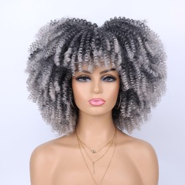 Afro Kinky Curly Wigs for Black Women Natural Looking Short Bob Wig with Bangs None Lace Front Wig Long Kinky Curly Synthetic Hair for Daily Party (Grey, 14 Inch)